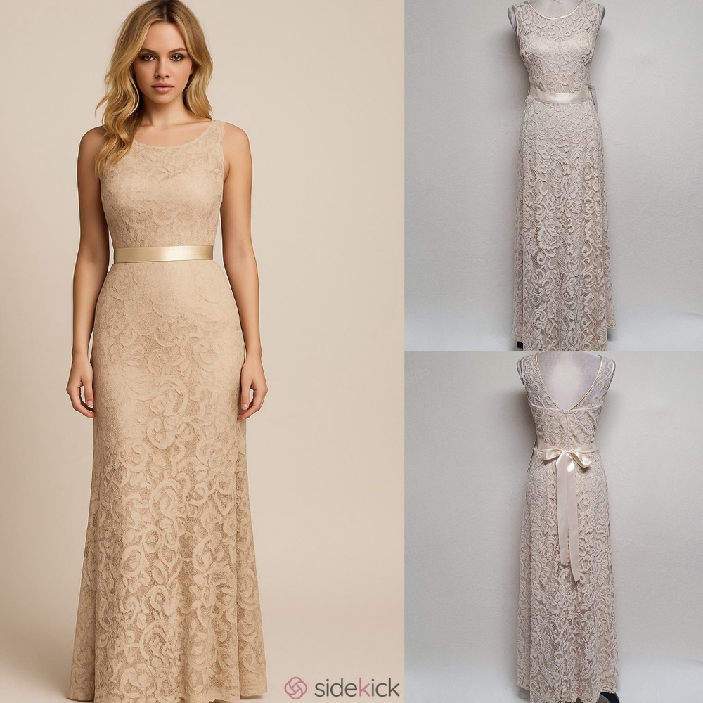 Sally Vintage 90s Champagne Satin Illusion Lace Sleeveless Tie-Waist Maxi Dress